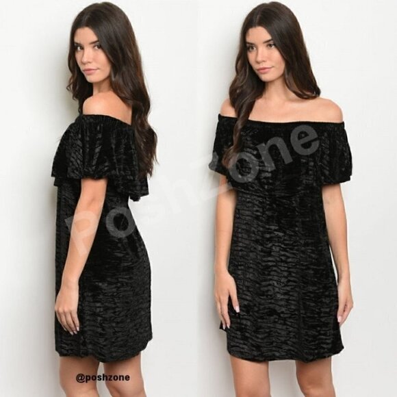 Women"s Black Velvet Off Shoulder Mini Dress - Picture 1 of 1